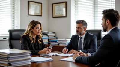 Mulher mostrando mensagens de agiota no celular para advogado em escritório de Belo Horizonte