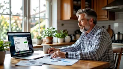 Man reviewing ISA financial planning documents at kitchen table after ITV7 jackpot prize notification on laptop screen