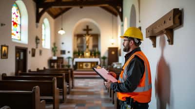 Inspector checking the wall anchors of a large wooden cross inside a church
