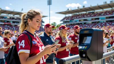 Adelaide Crows fan in red jersey showing invalid ticket error on smartphone at Gabba stadium gate with Brisbane Lions fans passing by in the background