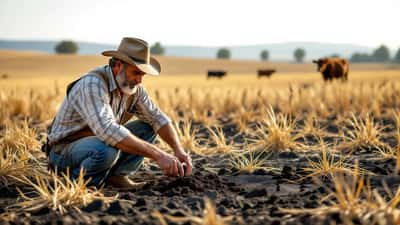 Agriculteur français examinant la terre craquelée d'une prairie asséchée lors de la sécheresse El Niño 2026