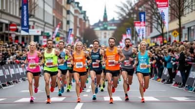 Bedriftsløpere med startnummer utfører stafettbytte under en masseløpsevent i Oslo, mai 2026