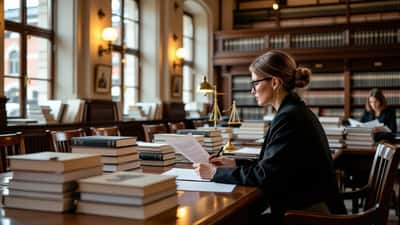 Kvinna granskar juridiska handlingar på en domstolskorridor i Stockholm 2026