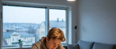 Norsk tenåring gjør lekser ved kjøkkenbordet i skandinavisk leilighet med varmt lampelys