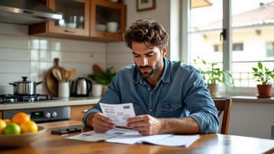 Homem brasileiro examina bilhete premiado da Lotofácil 3753 com calculadora e anotações financeiras em São Paulo