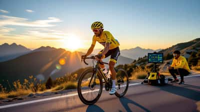 Ciclista profissional a subir uma passagem de montanha ao nascer do sol, com equipa de medicina desportiva em segundo plano