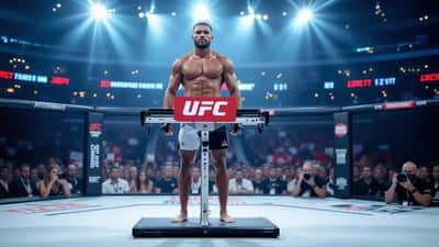 UFC welterweight fighter on a weigh-in scale during a 2026 ceremonial weigh-in