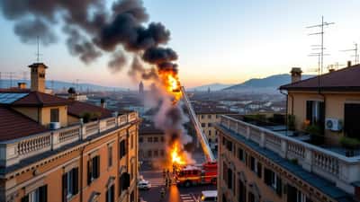 Colonna di fumo nero da un incendio su un terrazzo nel centro di Milano, vigili del fuoco in azione