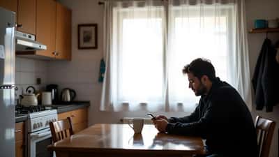 Homem sozinho em apartamento no Porto a olhar para o telemóvel sem mensagens — fotografia documental sobre isolamento social em adultos