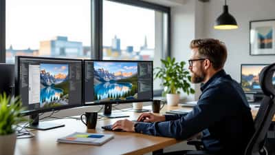 IT-Berater vergleicht Karten-APIs auf zwei Monitoren in modernem Frankfurter Buero