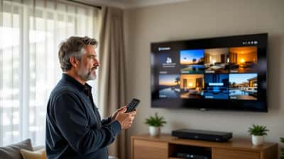 Middle-aged man holding TV remote looking at smart TV screen showing digital channel guide with no signal entries