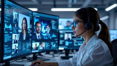 Analista de cibersegurança a examinar num monitor um vídeo suspeito de um líder mundial com alerta de conteúdo manipulado