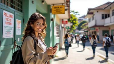 Eleitora brasileira se aproximando de seção eleitoral em São Paulo com aplicativo e-Título no celular, eleições 2026