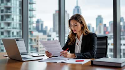 Canadian lawyer reviewing a draft press statement with a red pen in a Toronto office