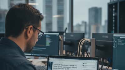 Consultor de TI revisando Microsoft Word com Copilot em escritório corporativo em São Paulo