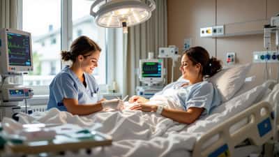 Sage-femme examinant la cicatrice d'une patiente après une césarienne dans un hôpital suisse