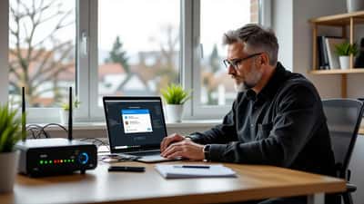 IT security consultant examining a home Wi-Fi router and laptop showing a login-security warning in a UK office