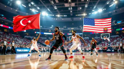 Arena da basket con giocatori Turchia vs USA 2026 e tifo