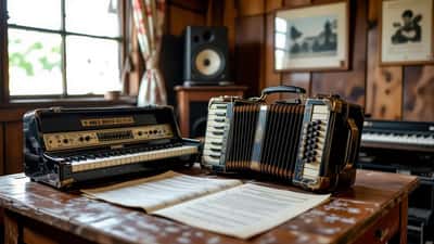 Acordeão e contratos de direitos musicais sobre mesa de estúdio nordestino