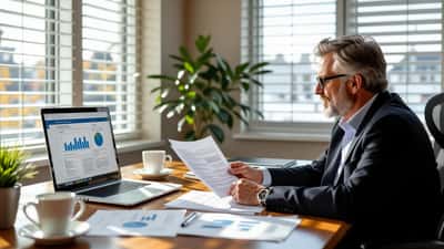 A financial advisor and a mid-career professional reviewing RRSP and income documents at a Toronto office desk