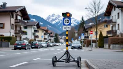 Radar de vitesse mobile au bord d'une route en zone 30 en Suisse