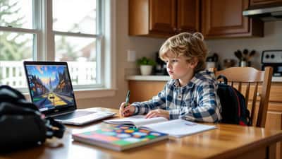 Child sitting at homework desk with laptop showing colorful video game, textbooks pushed aside