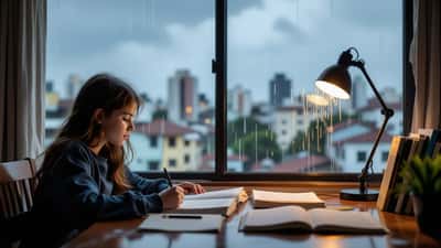 Estudante brasileiro fazendo lição de casa em dia de temporal causado pelo El Niño 2026