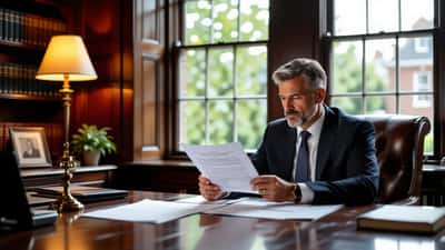 Solicitor reviewing employment contract and academic credentials at a desk in a UK law office