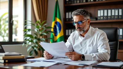 Homem brasileiro revisando documentos eleitorais do TSE em escritório jurídico em Brasília