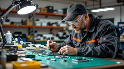 Reparatør åbner en smartphone med præcisionsskruetrækker på et arbejdsbord med reservedele i et dansk elektronikværksted