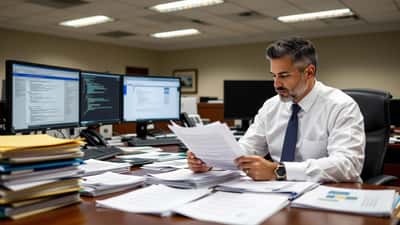 Abogado latino revisando documentos sobre la Sección 702 de FISA en una oficina legal en Washington DC