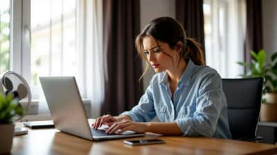Woman at desk with overheating laptop during UK Met Office red extreme heat warning August 2026