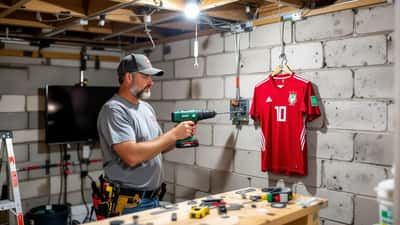 American homeowner drilling a TV wall-mount bracket in a basement game room with FIFA World Cup 2026 jersey hanging on stud wall