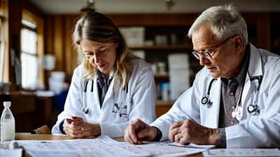 Íslenskur læknir fer yfir heilsugögn með sjúkling í heilsugæslustöð