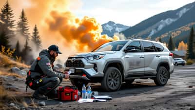 Mécanicien vérifiant son SUV avant une évacuation en cas d'incendie de forêt en Colombie-Britannique