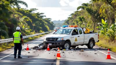 Caminhonete tombada na BR-116 com carga radioativa e agente da PRF mantendo distância de segurança
