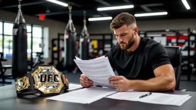 MMA fighter reviewing legal contract documents beside a championship belt in a Las Vegas training gym