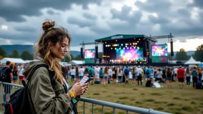 Festivalbesucherin im Regen hält Ticket und prüft ihr Smartphone, dunkle Sturmwolken über dem Festivalgelände in St. Pölten