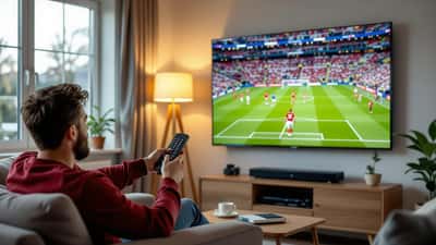 A football fan adjusting a television remote while watching a live match at home on a wall-mounted flat-screen