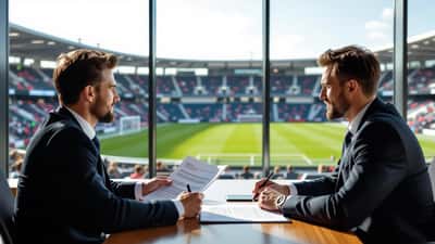 Sportsjurist går gjennom en spillerkontrakt i moderne kontorlandskap