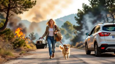 Femme évacuant son chat en caisse de transport et son chien en laisse devant un ciel enfumé par un feu de forêt dans le sud de la France