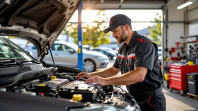 Mécanicien contrôlant une batterie de voiture sous la chaleur estivale en Suisse