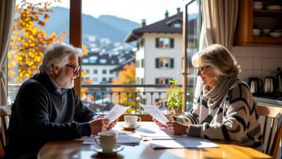 Couple de retraités suisses consultant des documents de rente AVS et de planification patrimoniale à leur table de cuisine
