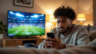 Junger Mann schaut auf Smartphone mit unsicherer Fußball-Streaming-Seite und Warnhinweis während der WM 2026