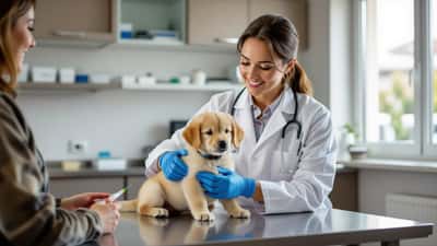 Vétérinaire scannant le cou d'un chat gris avec un lecteur RFID dans une clinique vétérinaire à Bordeaux