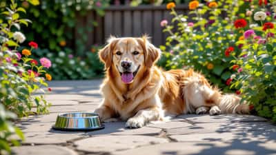 Flåsande golden retriever på het uteplats under europeisk värmebölja sommaren 2026