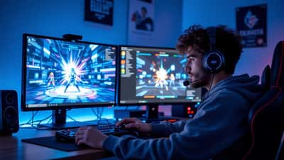 Jugador joven con headset en setup de esports siendo entrenado por un coach que analiza replays de Super Smash Bros Ultimate en pantalla dual