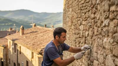 Artigiano che restaura una parete in pietra di un edificio medievale nel borgo di Cingoli, Marche