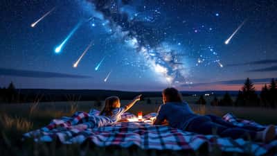 Famille observant les étoiles filantes des Bootides de juin 2026 depuis un champ au Canada