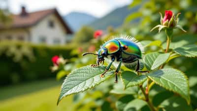 Scarabée japonais vert métallique sur une feuille de rosier rongée dans un jardin près de Zoug